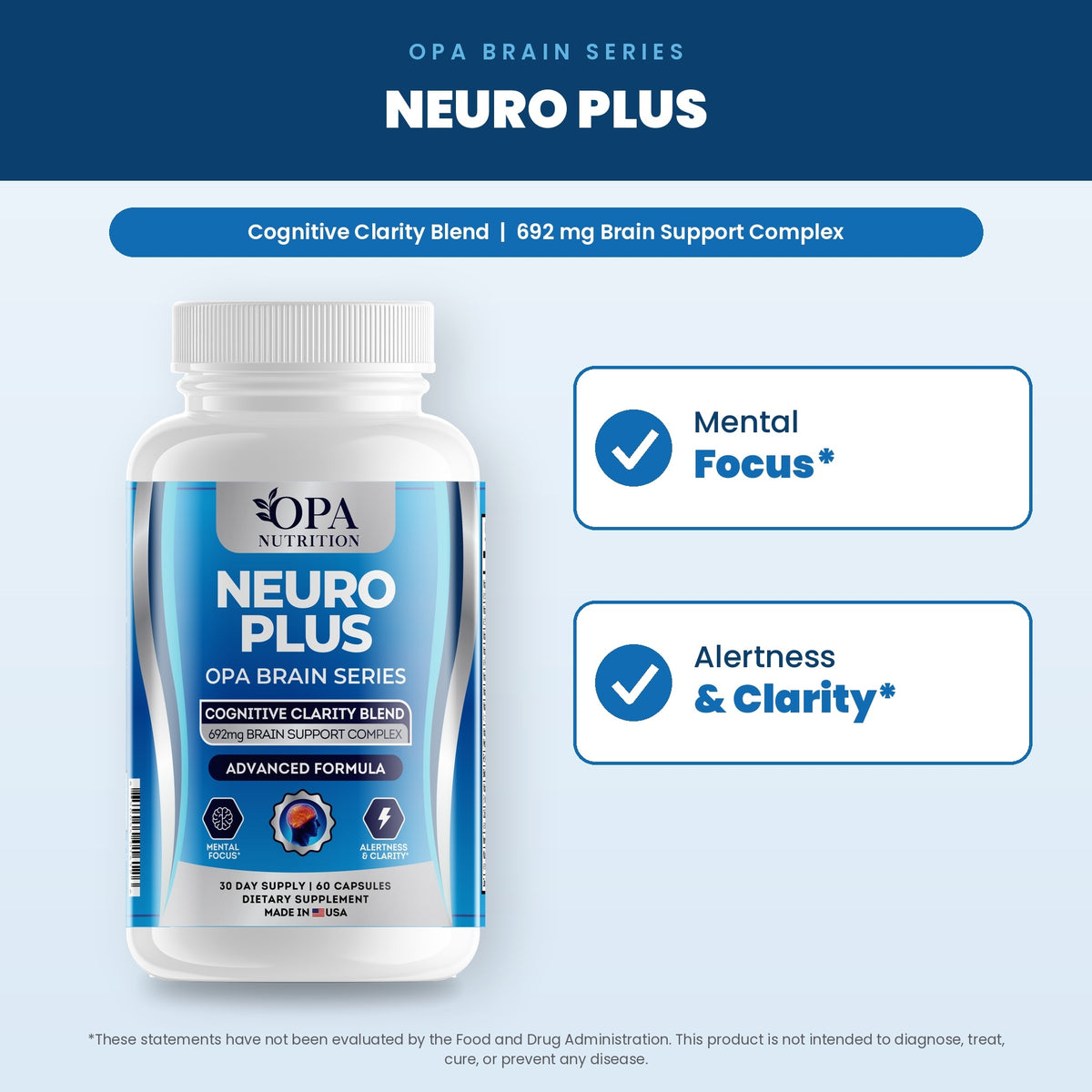 OPA Nutrition Neuro Plus benefits graphic: mental focus and alertness & clarity