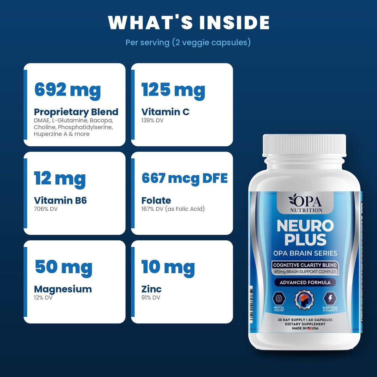 OPA Nutrition Neuro Plus key ingredients: vitamins, minerals and brain support complex