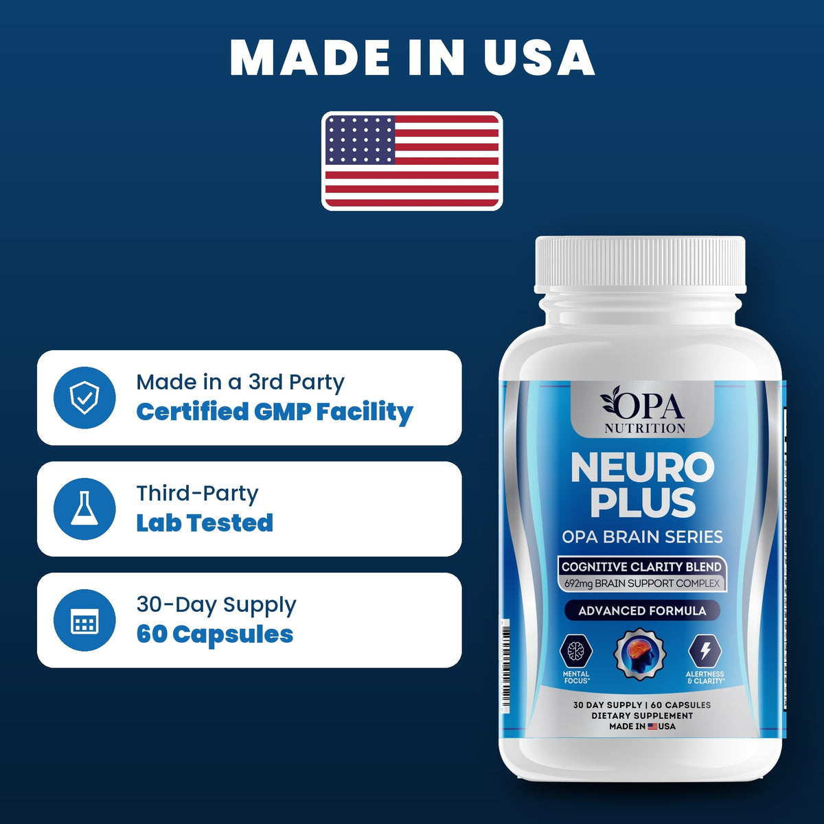 OPA Nutrition Neuro Plus quality standards: made in a GMP facility, third-party lab tested, 30-day supply