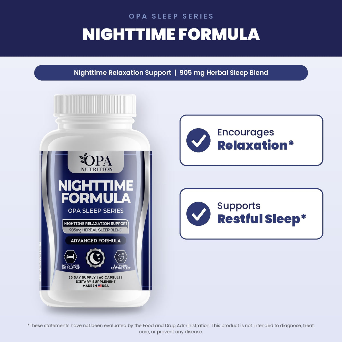 OPA Nutrition Nighttime Formula benefits graphic: encourages relaxation and supports restful sleep