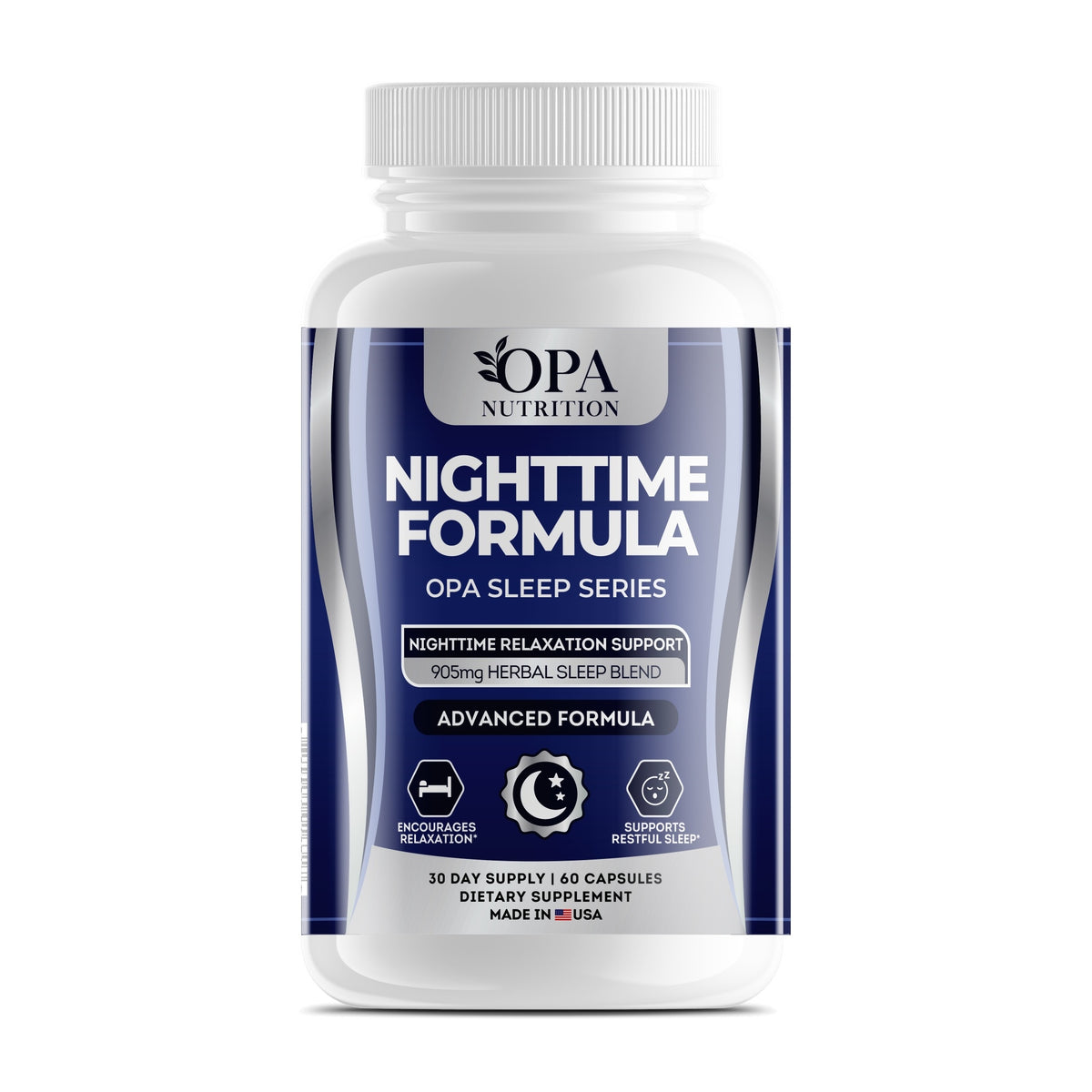 OPA Nutrition Nighttime Formula capsules bottle, front label with melatonin and herbal sleep blend