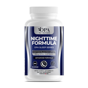 OPA Nutrition Nighttime Formula capsules bottle, front label with melatonin and herbal sleep blend
