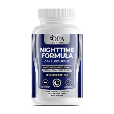 OPA Nutrition Nighttime Formula capsules bottle, front label with melatonin and herbal sleep blend