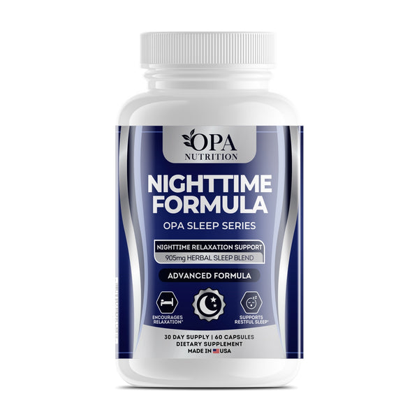 OPA Nutrition Nighttime Formula capsules bottle, front label with melatonin and herbal sleep blend