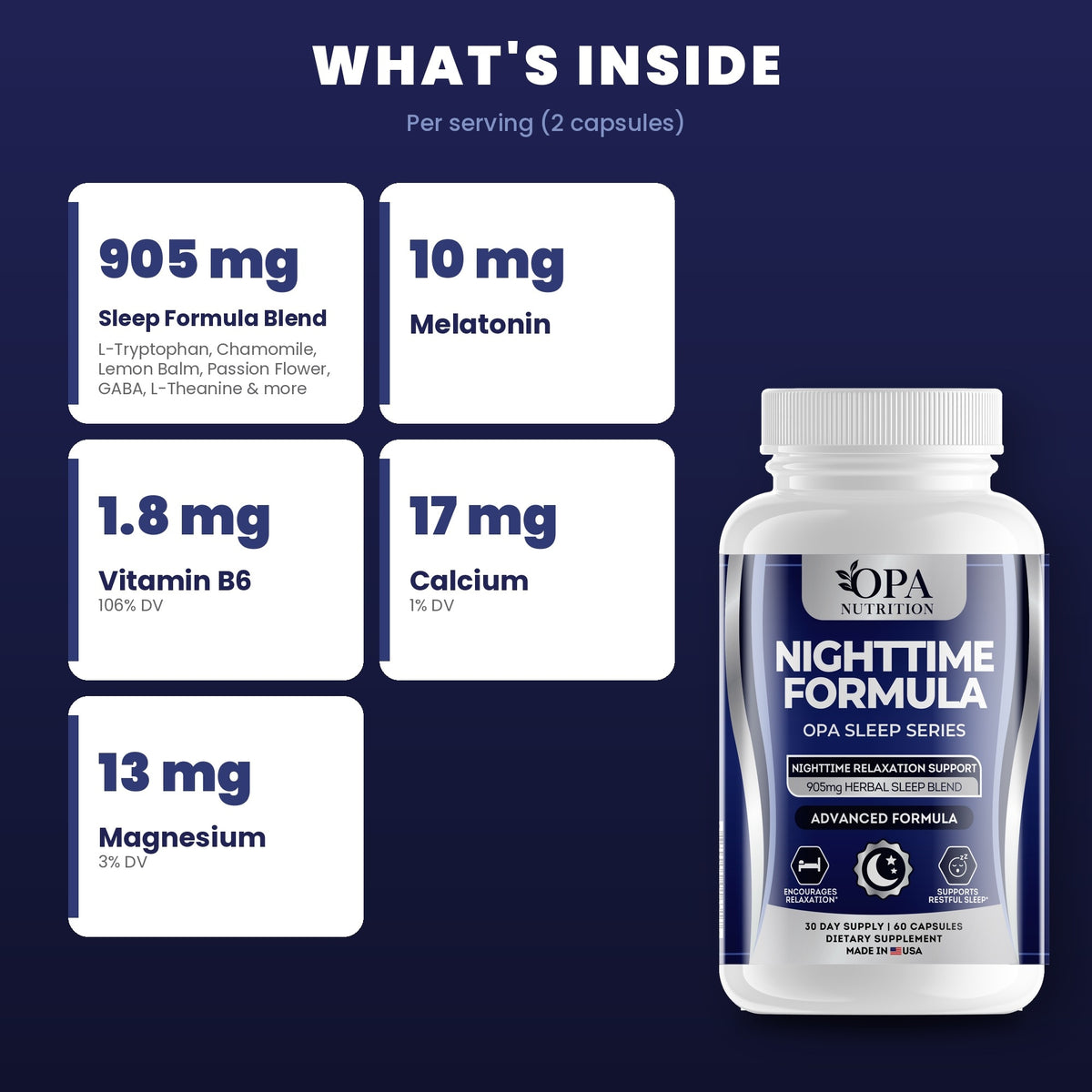 OPA Nutrition Nighttime Formula key ingredients: melatonin and herbal sleep blend