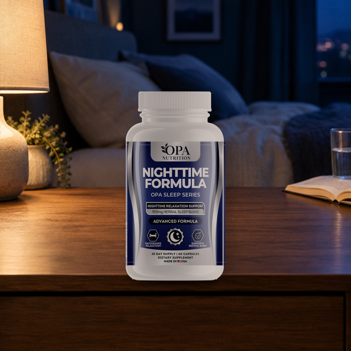 OPA Nutrition Nighttime Formula capsules bottle in a daily routine setting