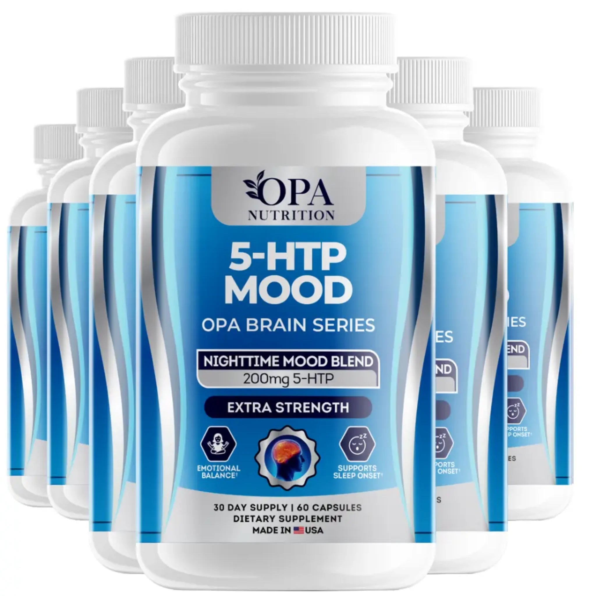Six-pack of OPA Nutrition 5-HTP Mood Brain Series supplement bottles for nighttime mood support