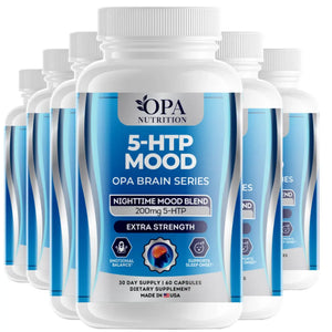 Six-pack of OPA Nutrition 5-HTP Mood Brain Series supplement bottles for nighttime mood support