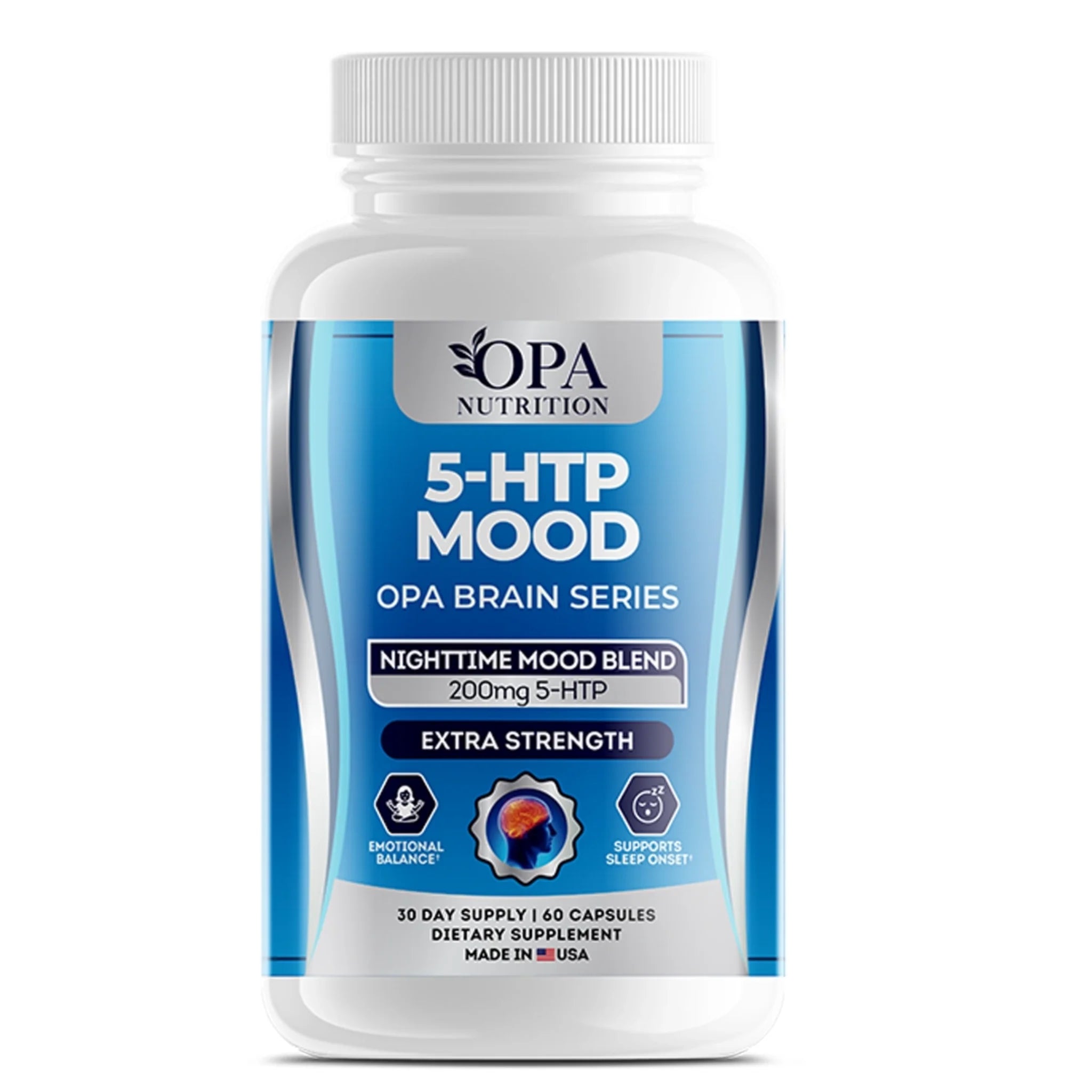 OPA Nutrition 5-HTP Mood Brain Series supplement bottle with nighttime mood blend
