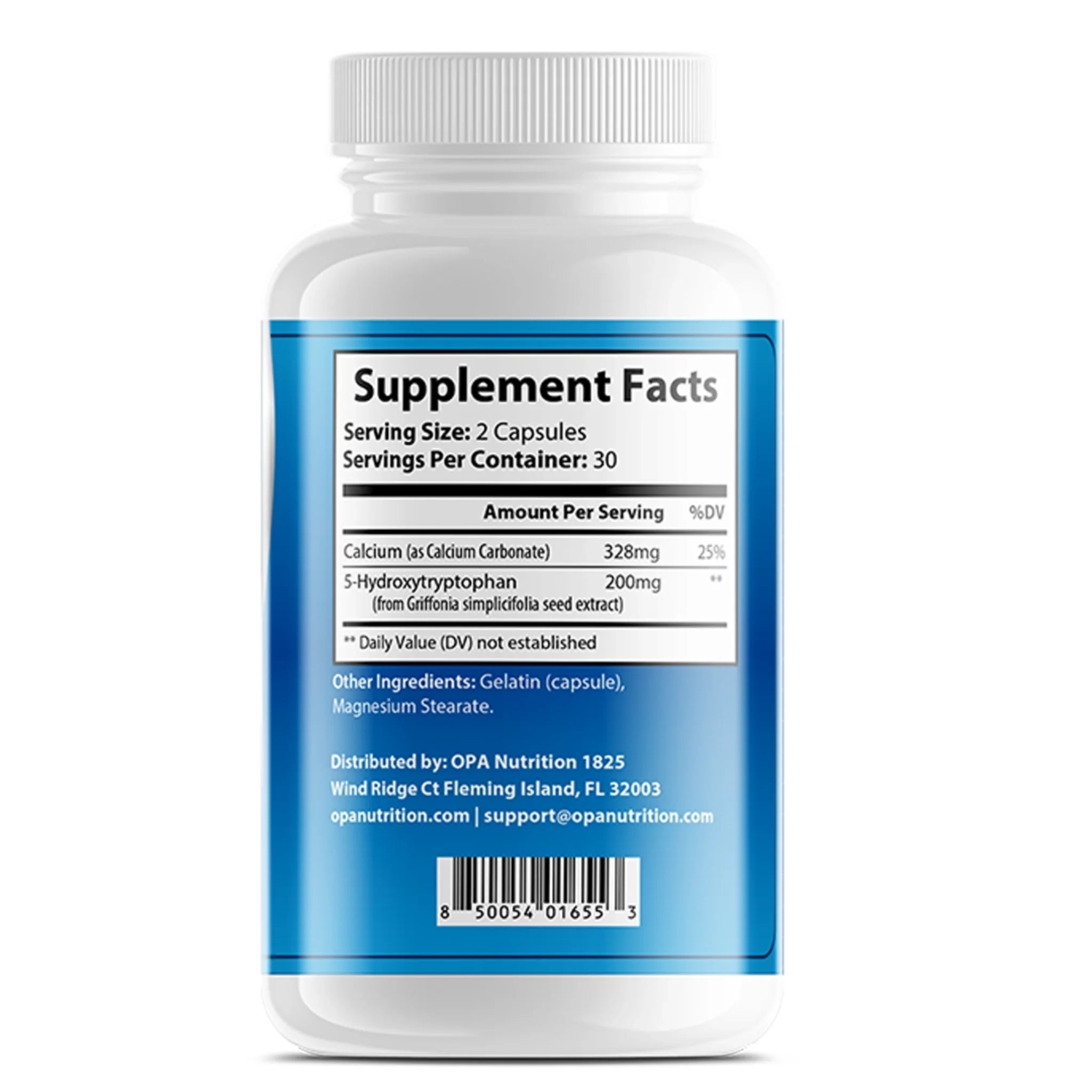 Supplement Facts label on OPA Nutrition 5-HTP Mood Brain Series supplement bottle