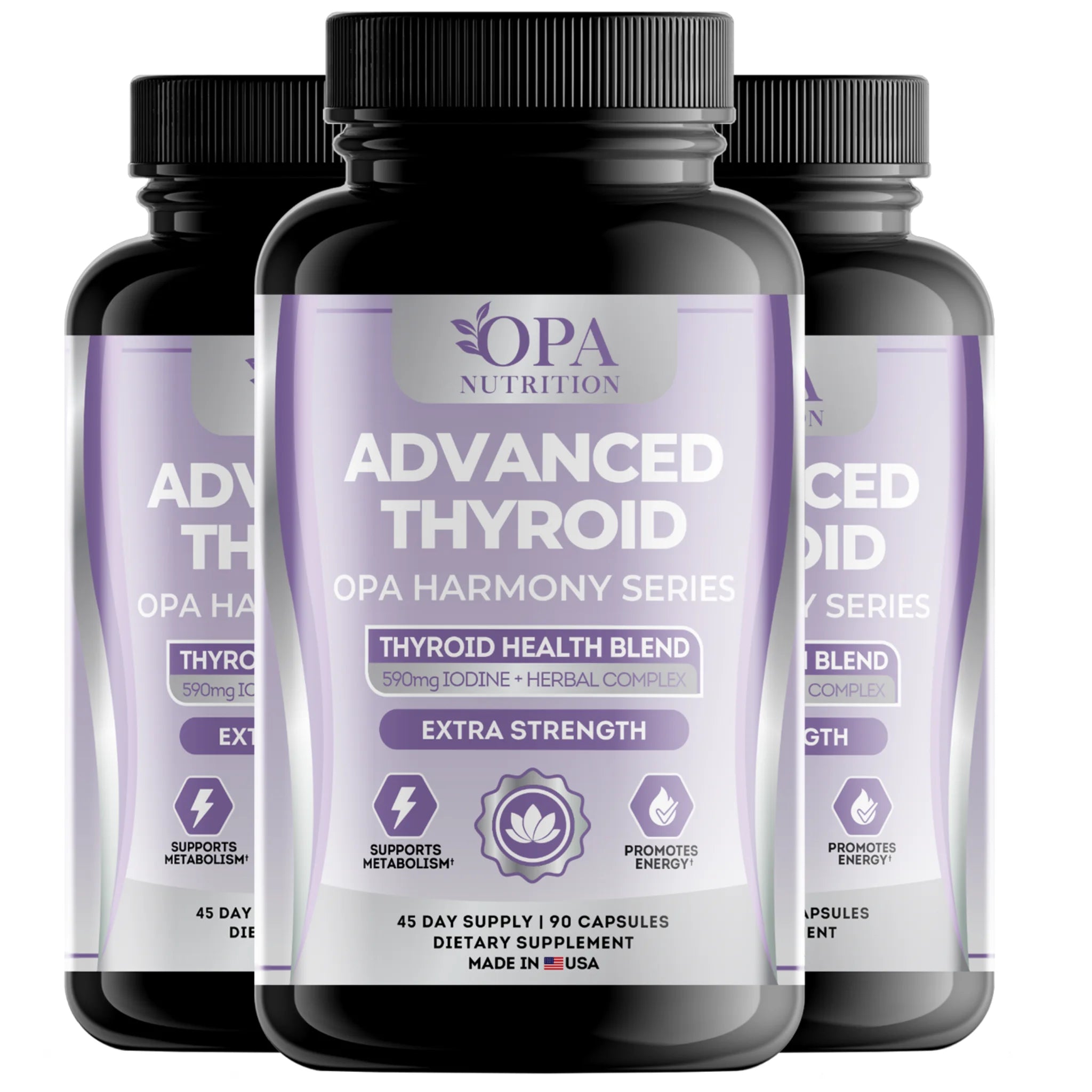 Three-pack of OPA Nutrition Advanced Thyroid Harmony Series supplement bottles for thyroid health and metabolism support