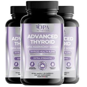 Three-pack of OPA Nutrition Advanced Thyroid Harmony Series supplement bottles for thyroid health and metabolism support