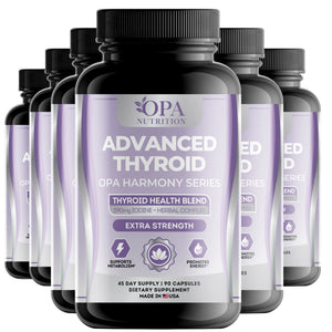 Six-pack of OPA Nutrition Advanced Thyroid Harmony Series supplement bottles for thyroid health and metabolism support