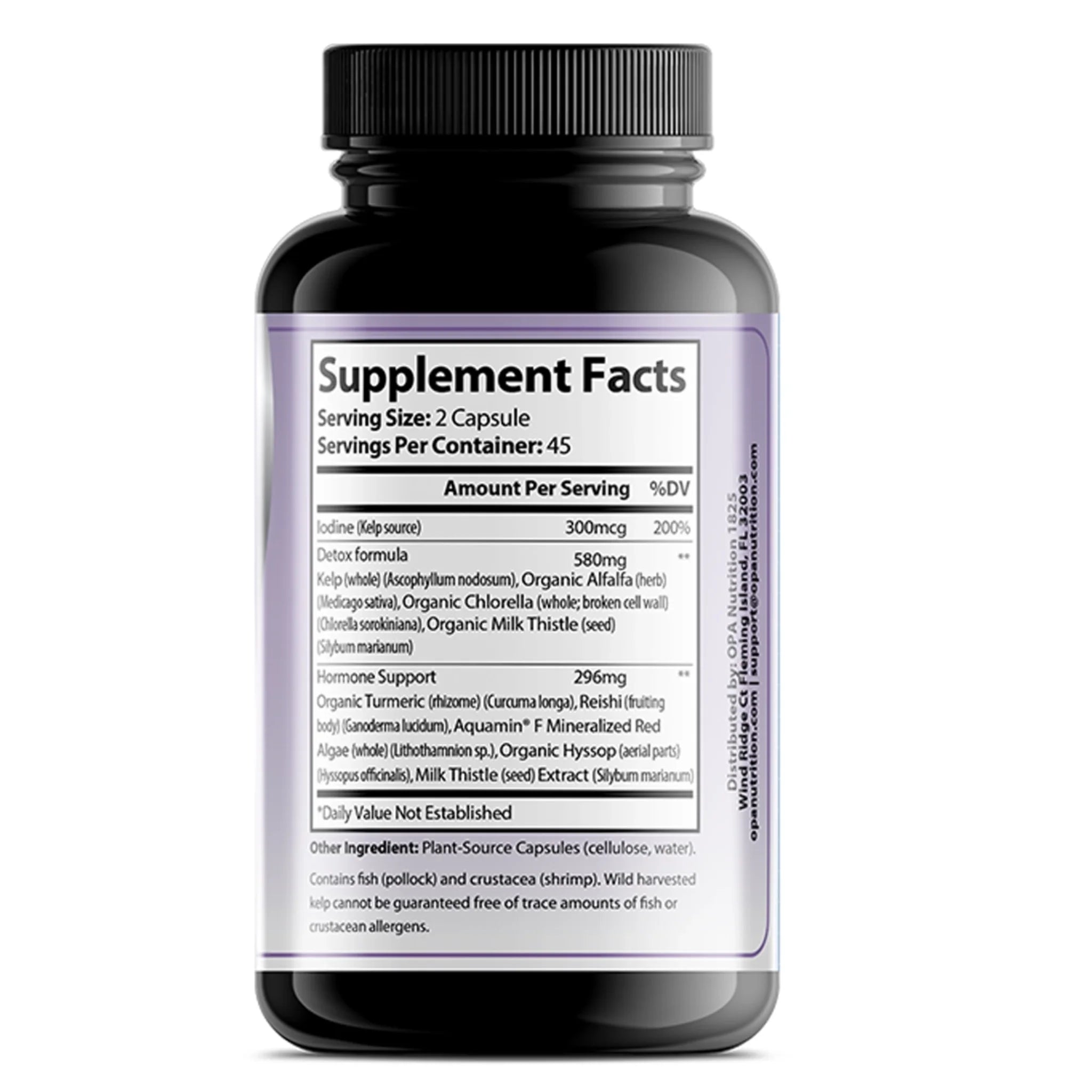 Supplement Facts label on OPA Nutrition Advanced Thyroid Harmony Series supplement bottle