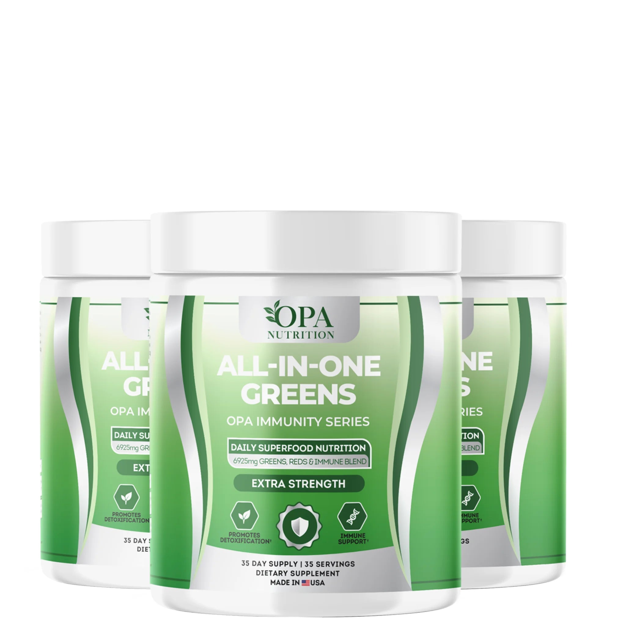 Three-pack of OPA Nutrition All-In-One Greens Immunity Series superfood powder containers for daily superfood nutrition support