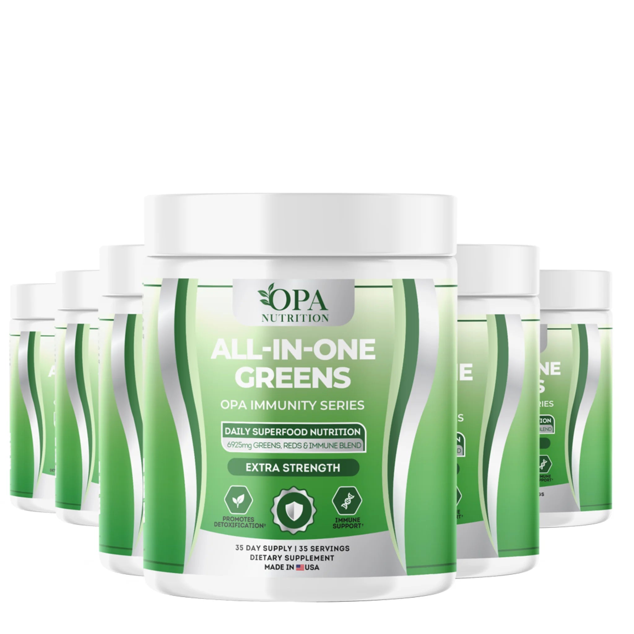 Six-pack of OPA Nutrition All-In-One Greens Immunity Series superfood powder containers for daily superfood nutrition support
