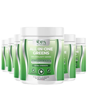 Six-pack of OPA Nutrition All-In-One Greens Immunity Series superfood powder containers for daily superfood nutrition support