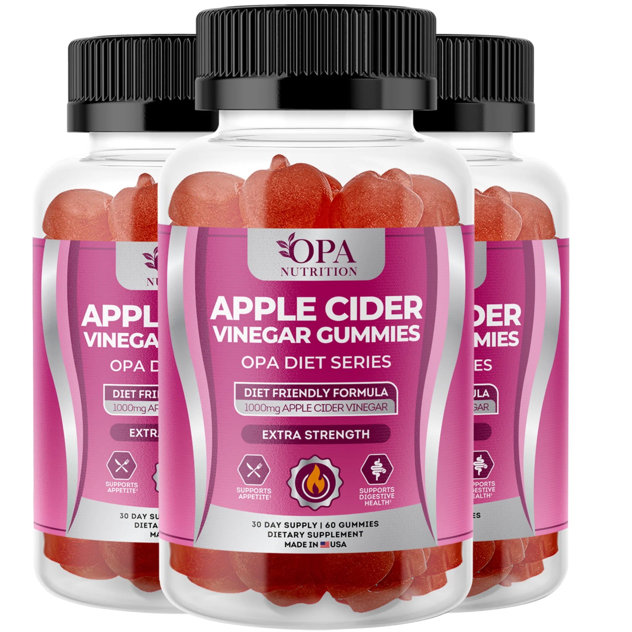 Three-pack of OPA Nutrition Apple Cider Vinegar Gummies Diet Series bottles for appetite support and digestive health support