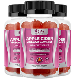 Three-pack of OPA Nutrition Apple Cider Vinegar Gummies Diet Series bottles for appetite support and digestive health support