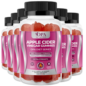 Six-pack of OPA Nutrition Apple Cider Vinegar Gummies Diet Series bottles for appetite support and digestive health support