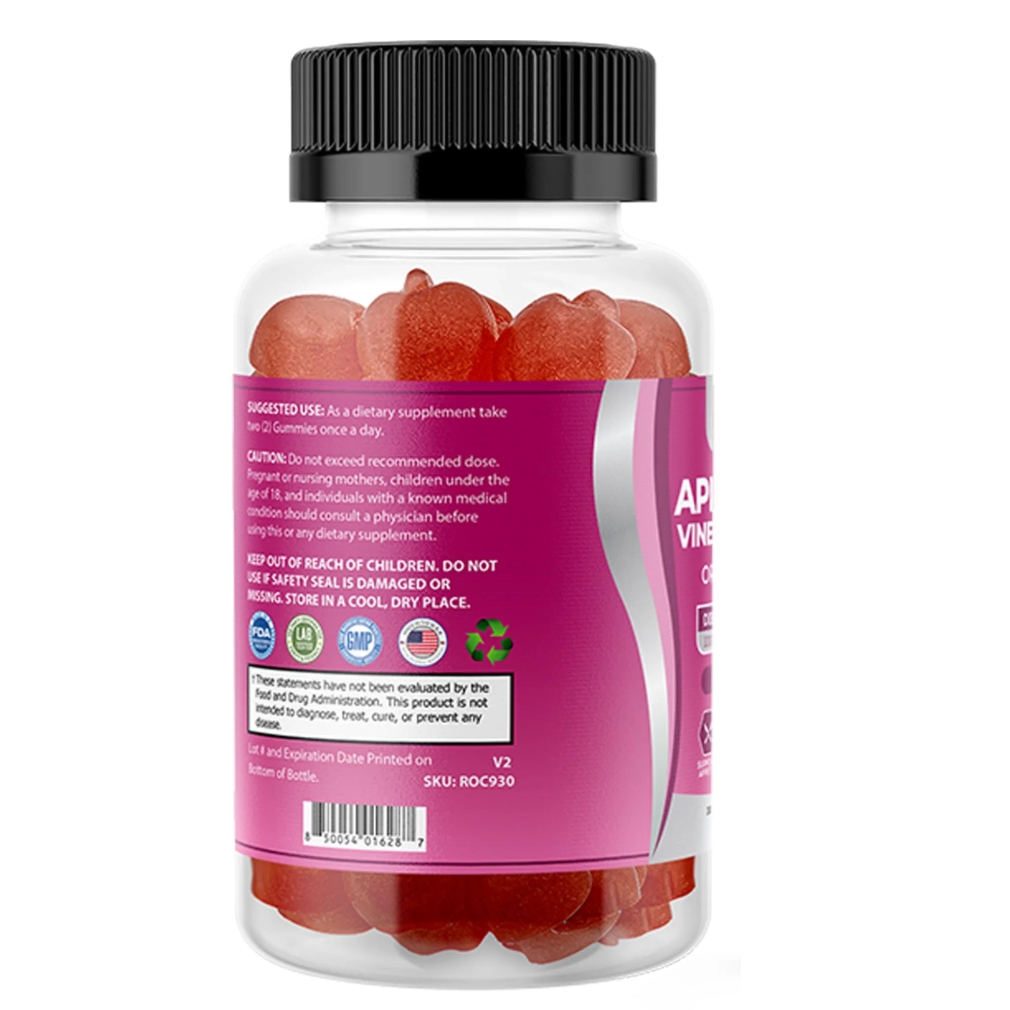 Back label of OPA Nutrition Apple Cider Vinegar Gummies showing suggested use safety information and FDA disclaimer