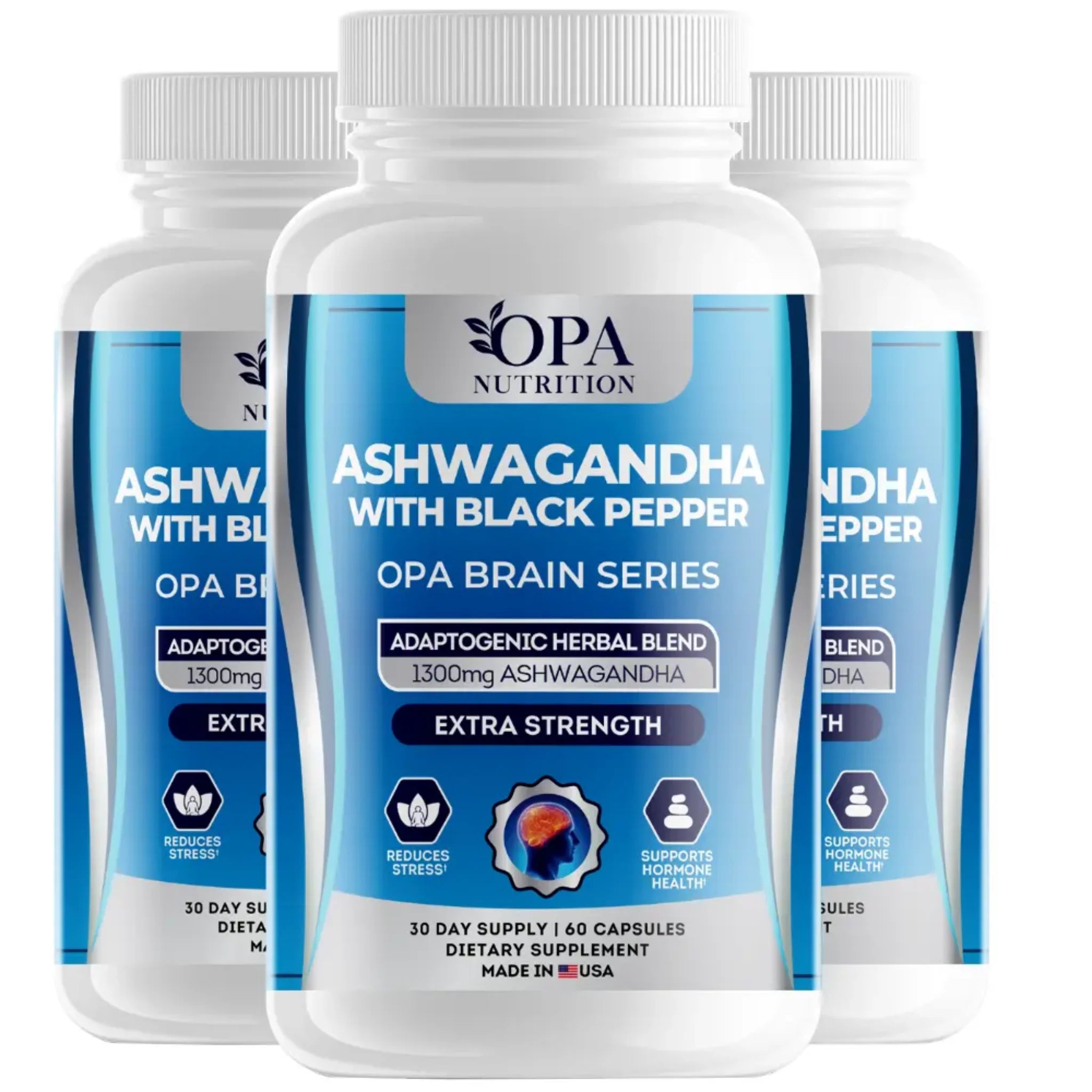 Three-pack of OPA Nutrition Ashwagandha with Black Pepper Brain Series supplement bottles for daily stress support and hormone health support