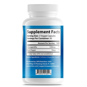 Supplement Facts label on OPA Nutrition Ashwagandha with Black Pepper supplement bottle showing ashwagandha and black pepper