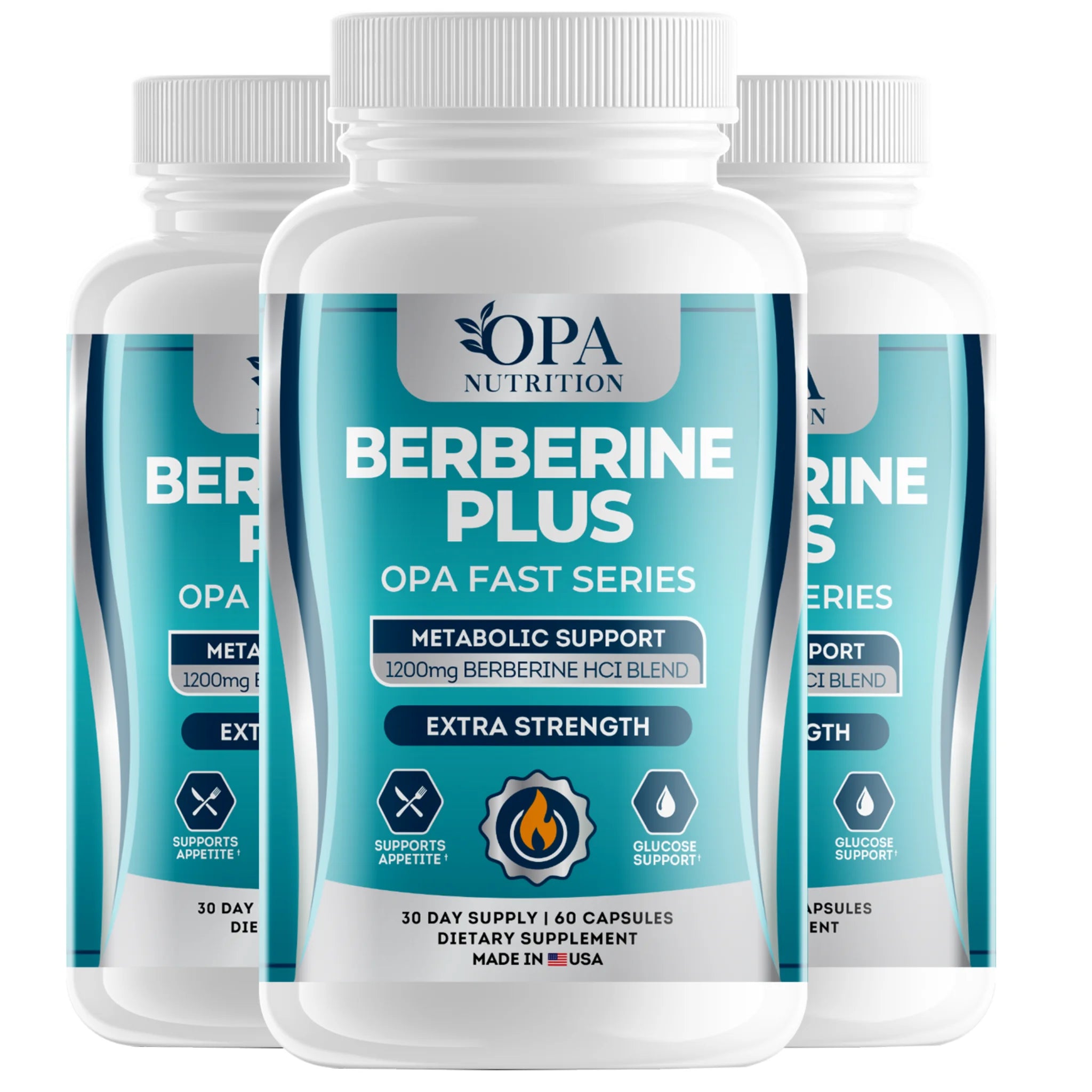 Three-pack of OPA Nutrition Berberine Plus Fast Series supplement bottles for metabolic wellness and glucose support