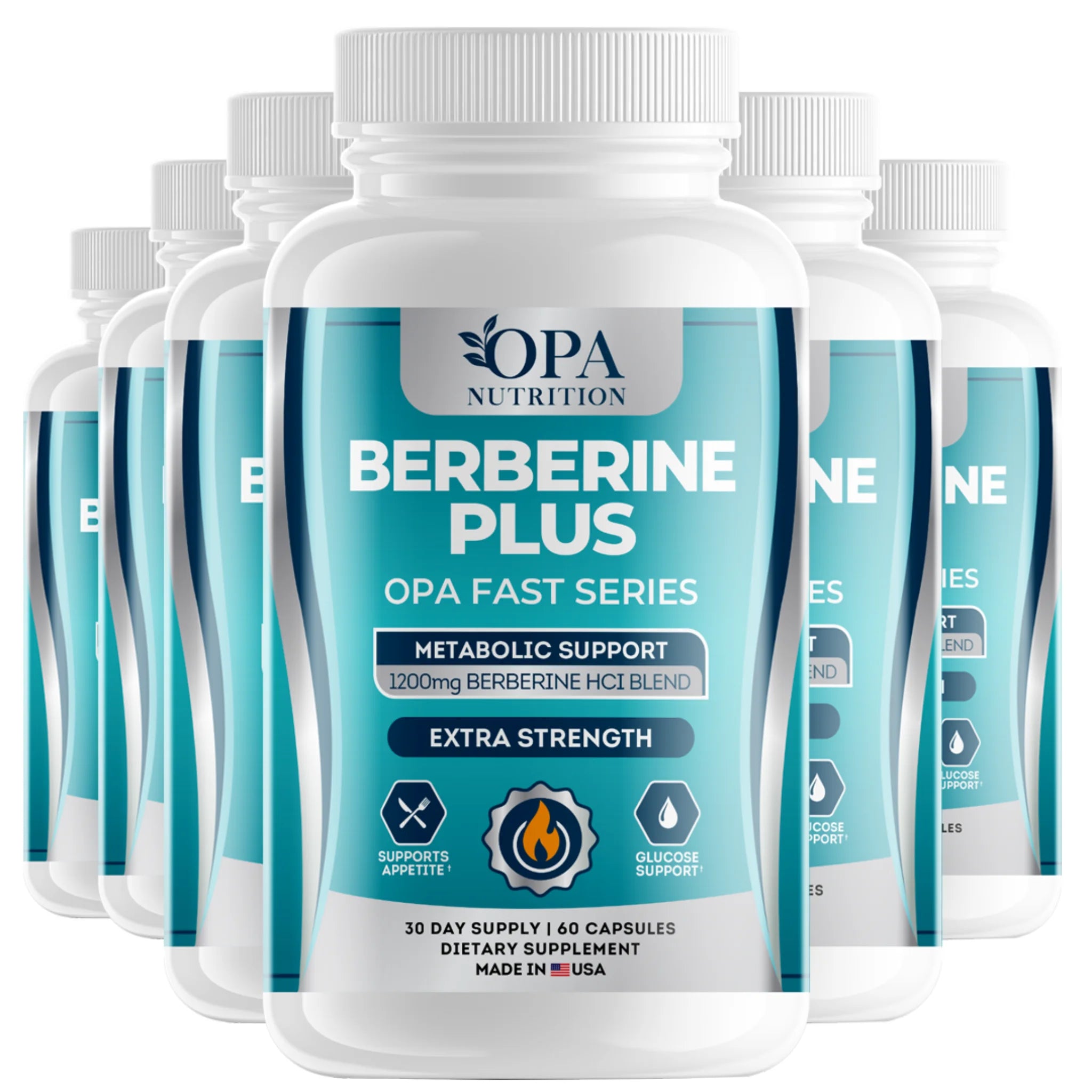Six-pack of OPA Nutrition Berberine Plus Fast Series supplement bottles for metabolic wellness and glucose support