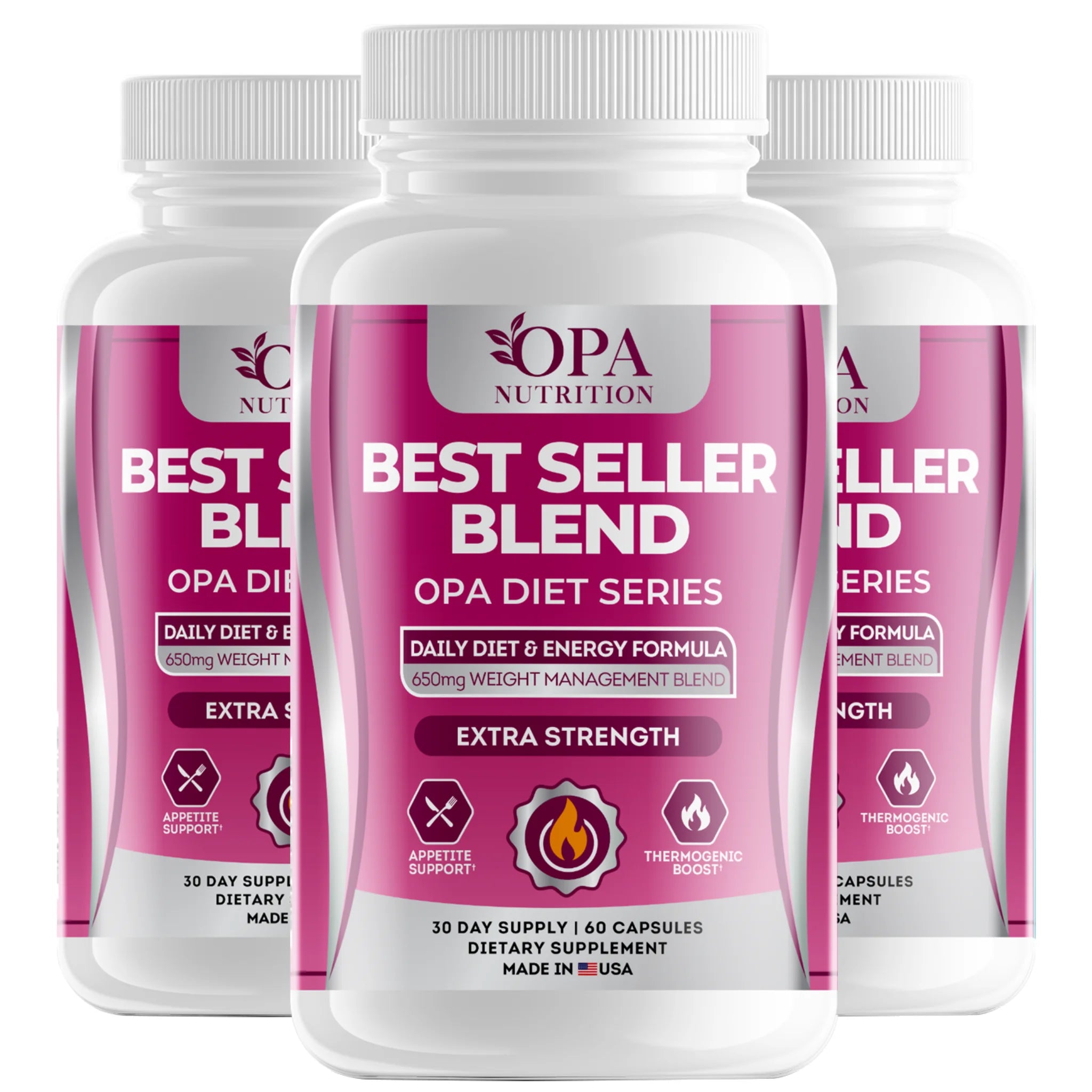Three-pack of OPA Nutrition Best Seller Blend Diet Series bottles for daily diet, energy and appetite support