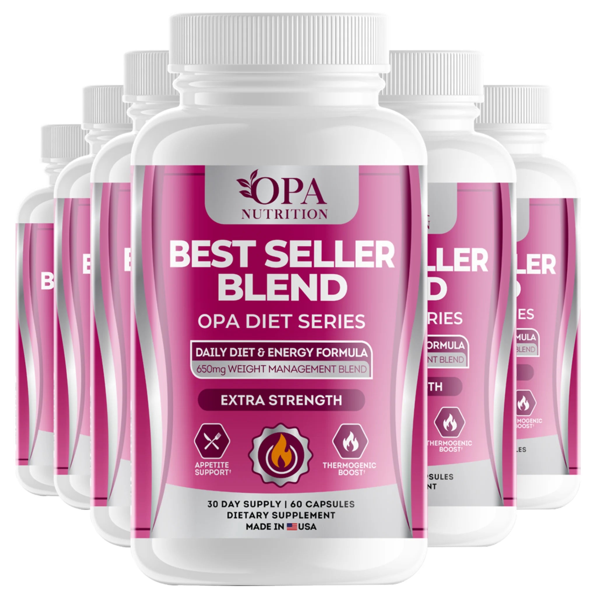 Six-pack of OPA Nutrition Best Seller Blend with weight management blend for appetite support and thermogenic boost