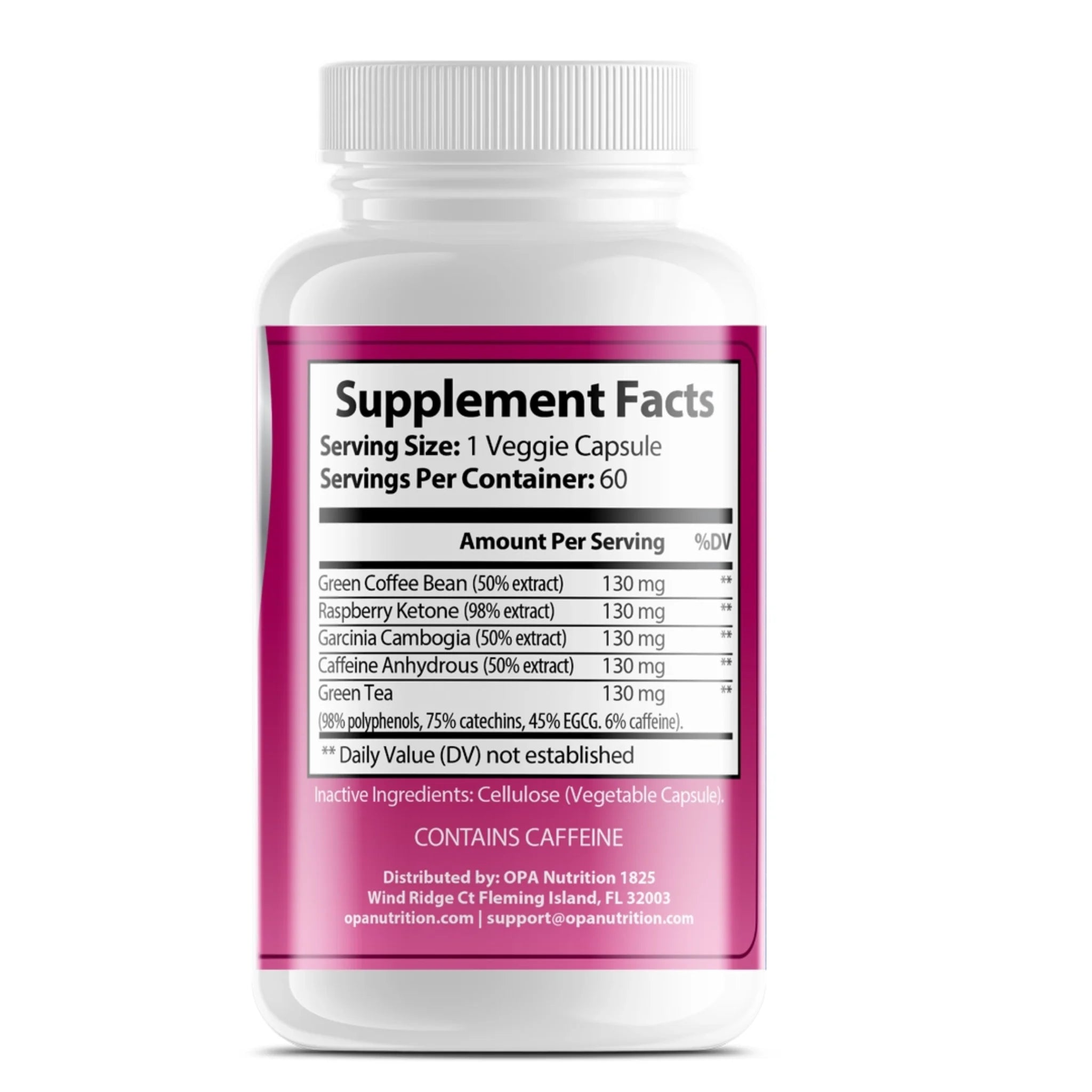 Supplement Facts label on OPA Nutrition Best Seller Blend showing green coffee bean, raspberry ketone, garcinia cambogia, caffeine anhydrous and green tea