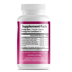 Supplement Facts label on OPA Nutrition Best Seller Blend showing green coffee bean, raspberry ketone, garcinia cambogia, caffeine anhydrous and green tea