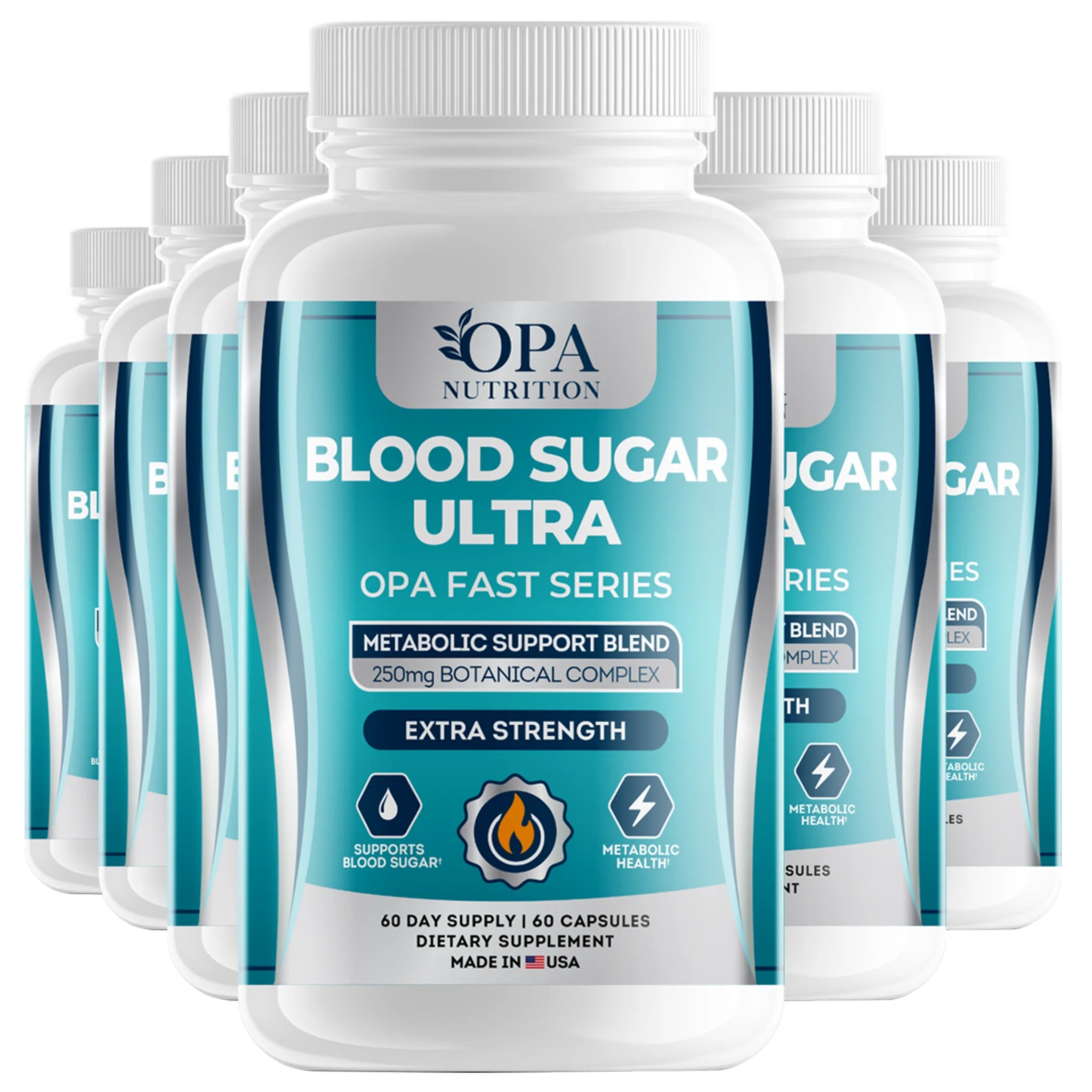 Six-pack of OPA Nutrition Blood Sugar Ultra with metabolic support blend and 250mg botanical complex