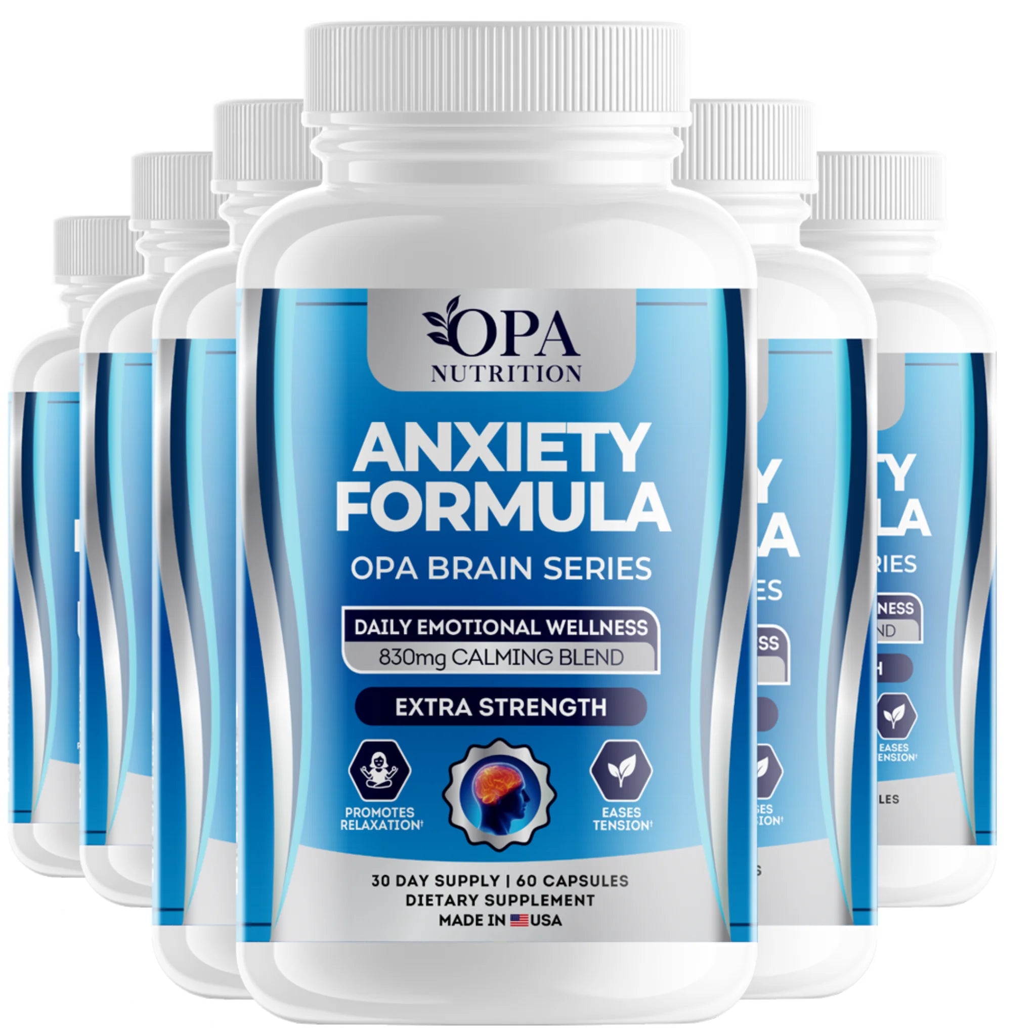 Six-pack of OPA Nutrition Calm Support Brain Series supplement bottles for daily emotional wellness support
