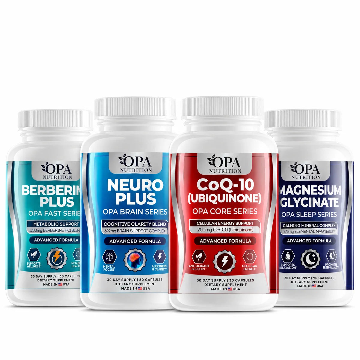 OPA Nutrition capsule supplements: Berberine Plus, Neuro Plus, CoQ-10 Ubiquinone and Magnesium Glycinate bottles