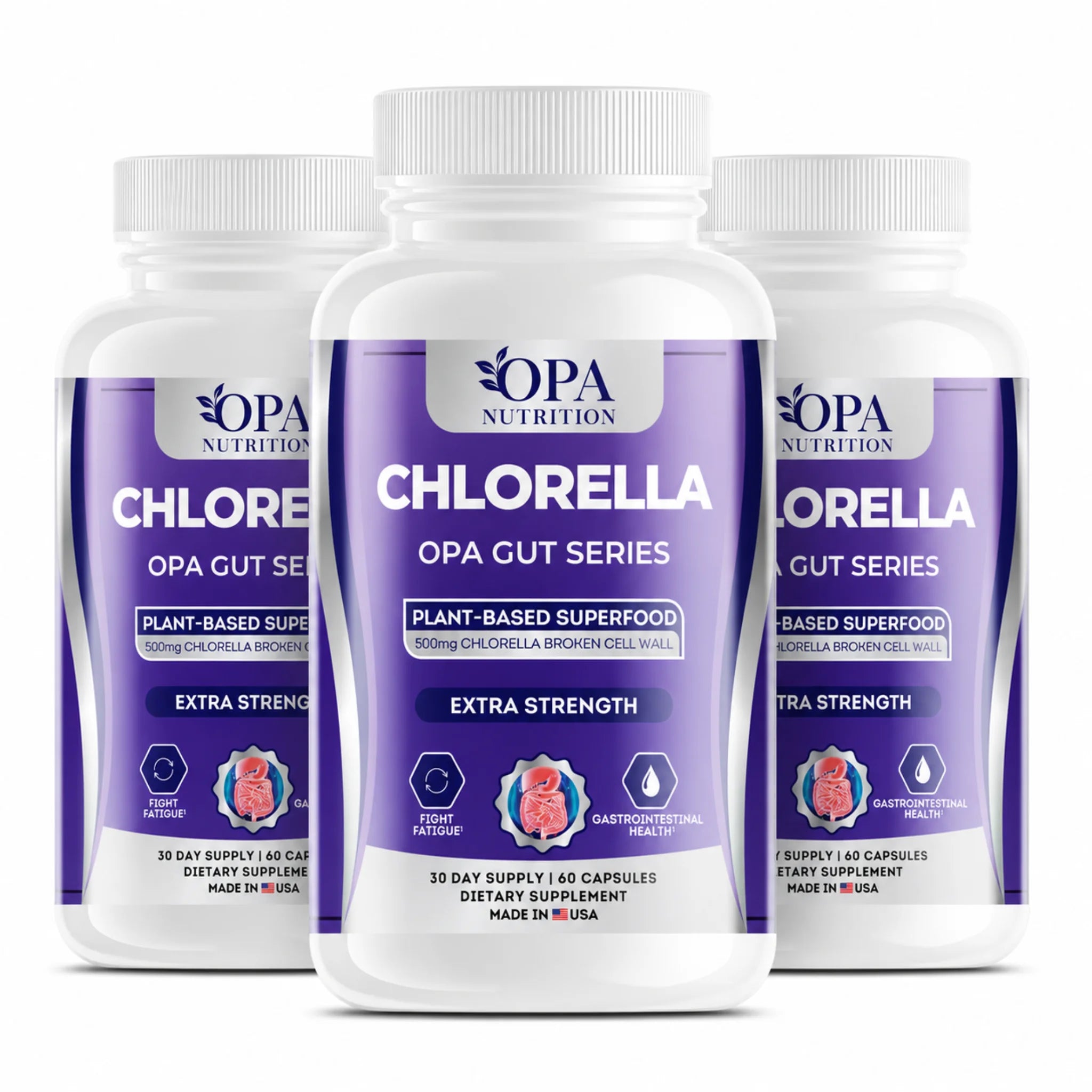 Three-pack of OPA Nutrition Chlorella OPA Gut Series supplement bottles with plant-based superfood and 500mg chlorella broken cell wall on a white background