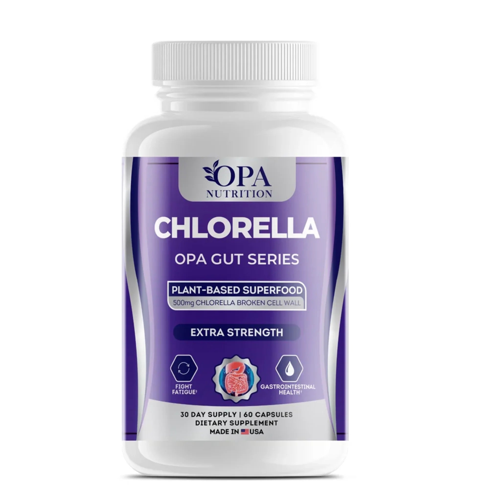 OPA Nutrition Chlorella OPA Gut Series supplement bottle featuring plant-based superfood, 500mg chlorella broken cell wall, extra strength formula, 30 day supply, 60 capsules