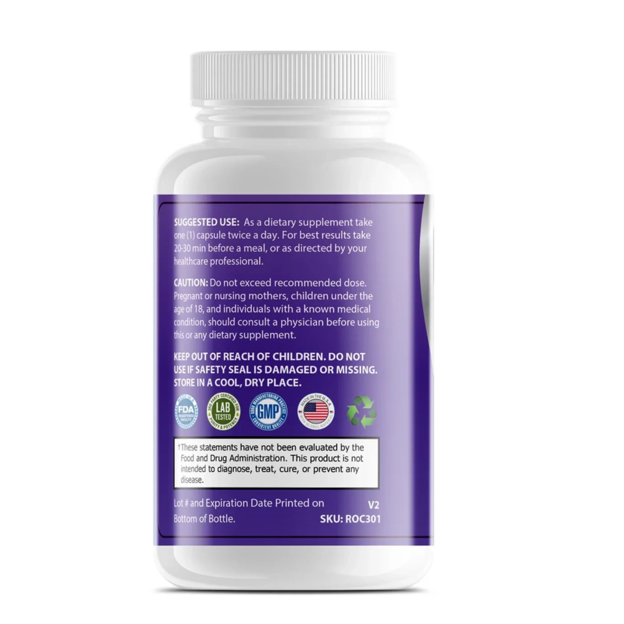 Suggested use, caution, storage instructions, and FDA disclaimer label for OPA Nutrition Chlorella supplement