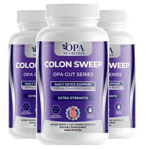 Three-pack of OPA Nutrition Colon Sweep Gut Series supplement bottles for natural regularity and gentle detox support