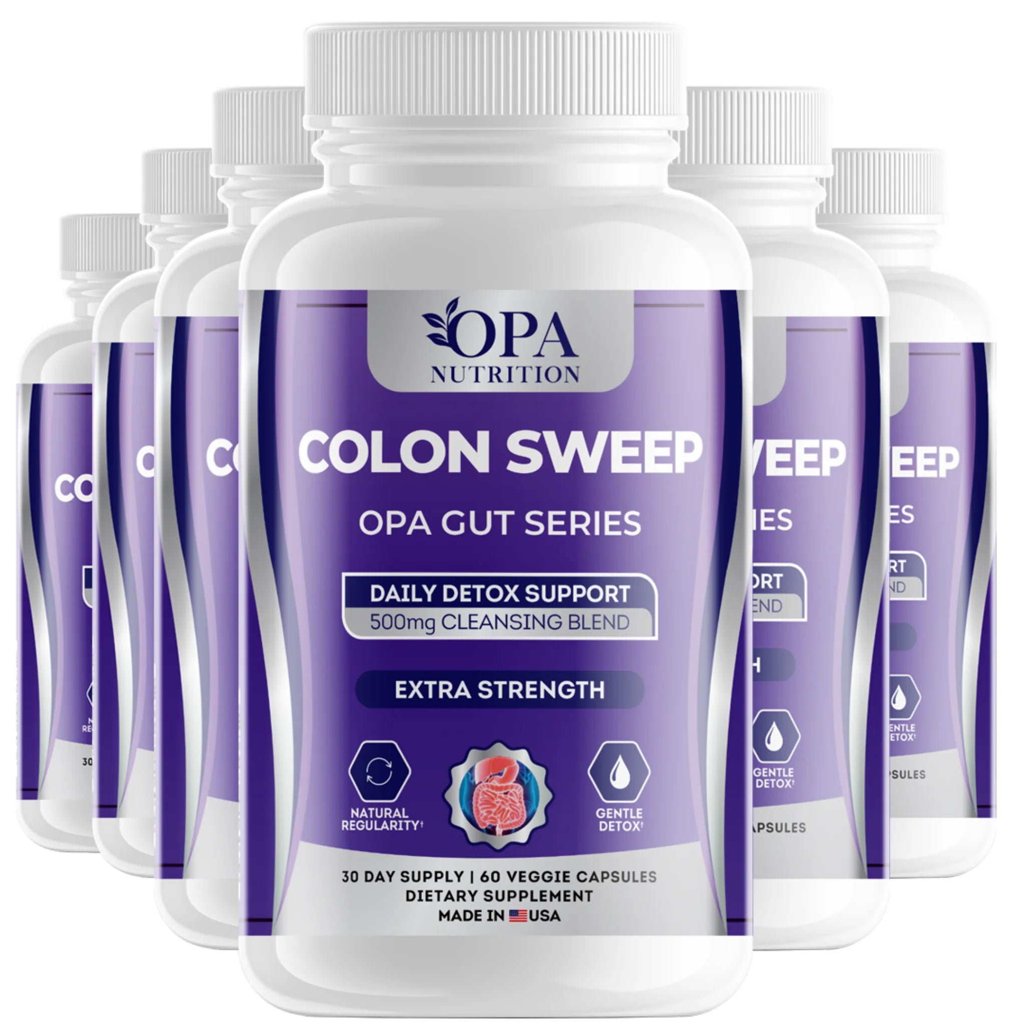 Six-pack of OPA Nutrition Colon Sweep Gut Series supplement bottles for natural regularity and gentle detox support