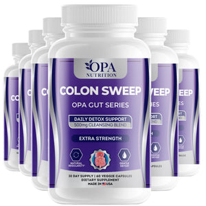 Six-pack of OPA Nutrition Colon Sweep Gut Series supplement bottles for natural regularity and gentle detox support