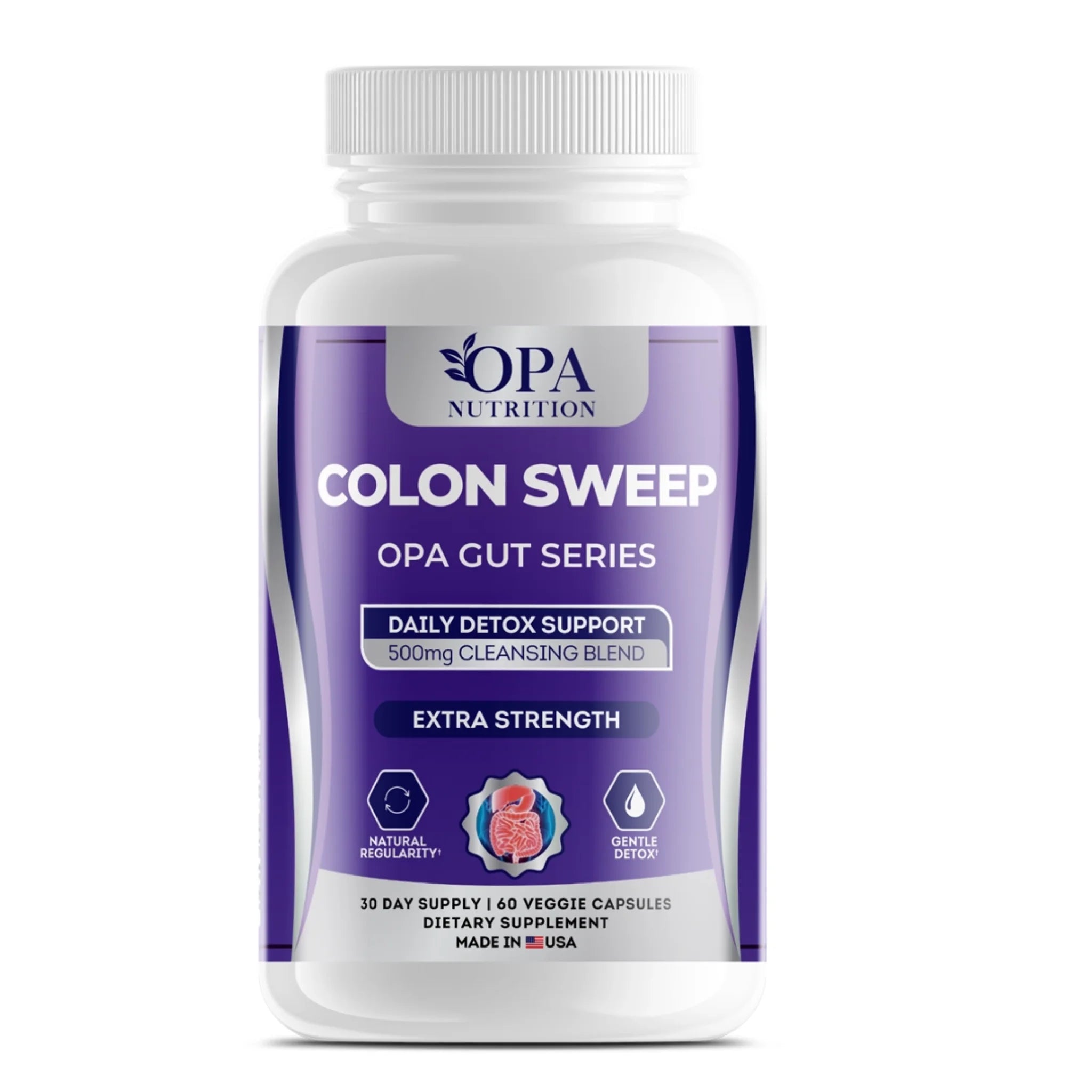 OPA Nutrition Colon Sweep Gut Series supplement bottle for natural regularity and gentle detox support