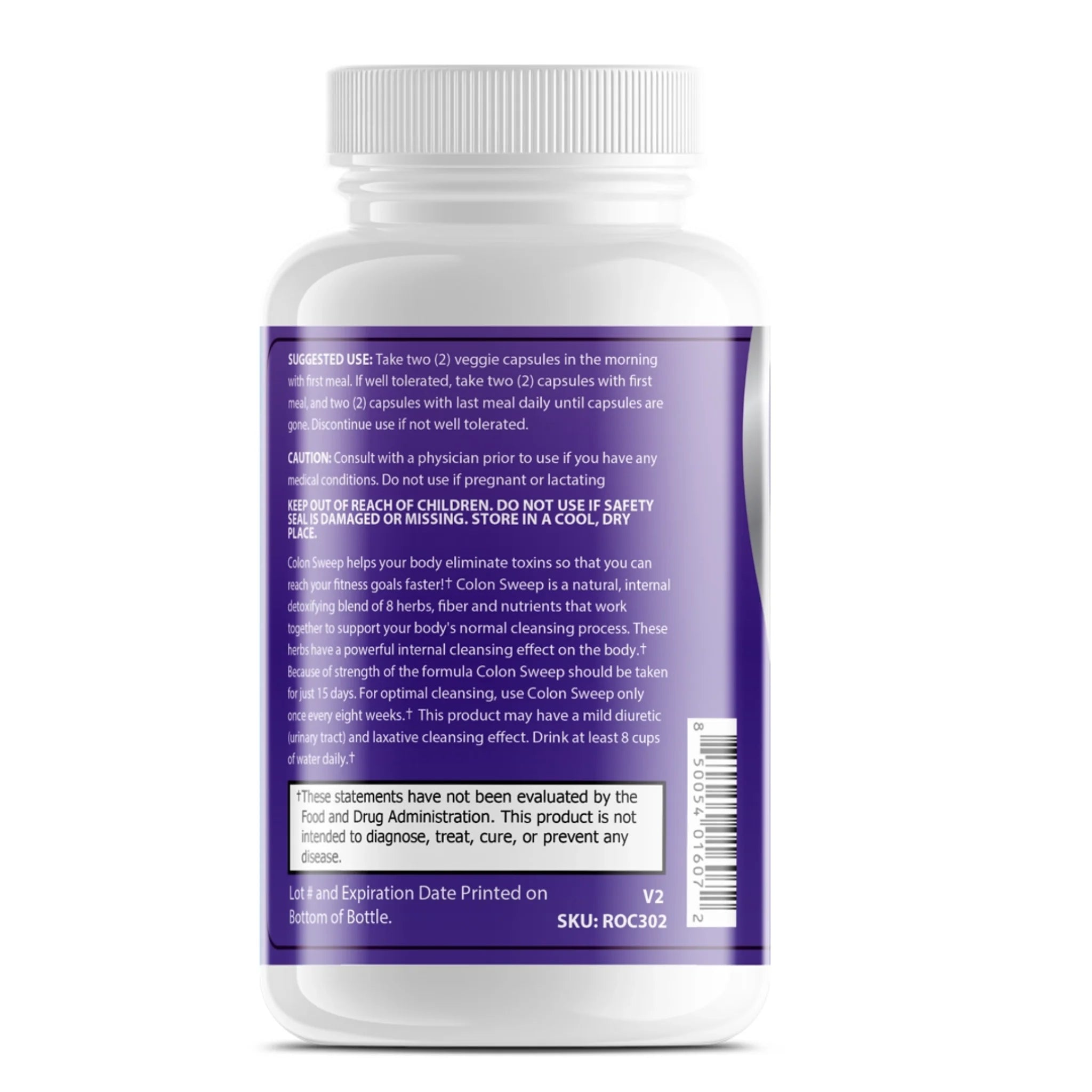 Back label of OPA Nutrition Colon Sweep showing suggested use safety information and FDA disclaimer
