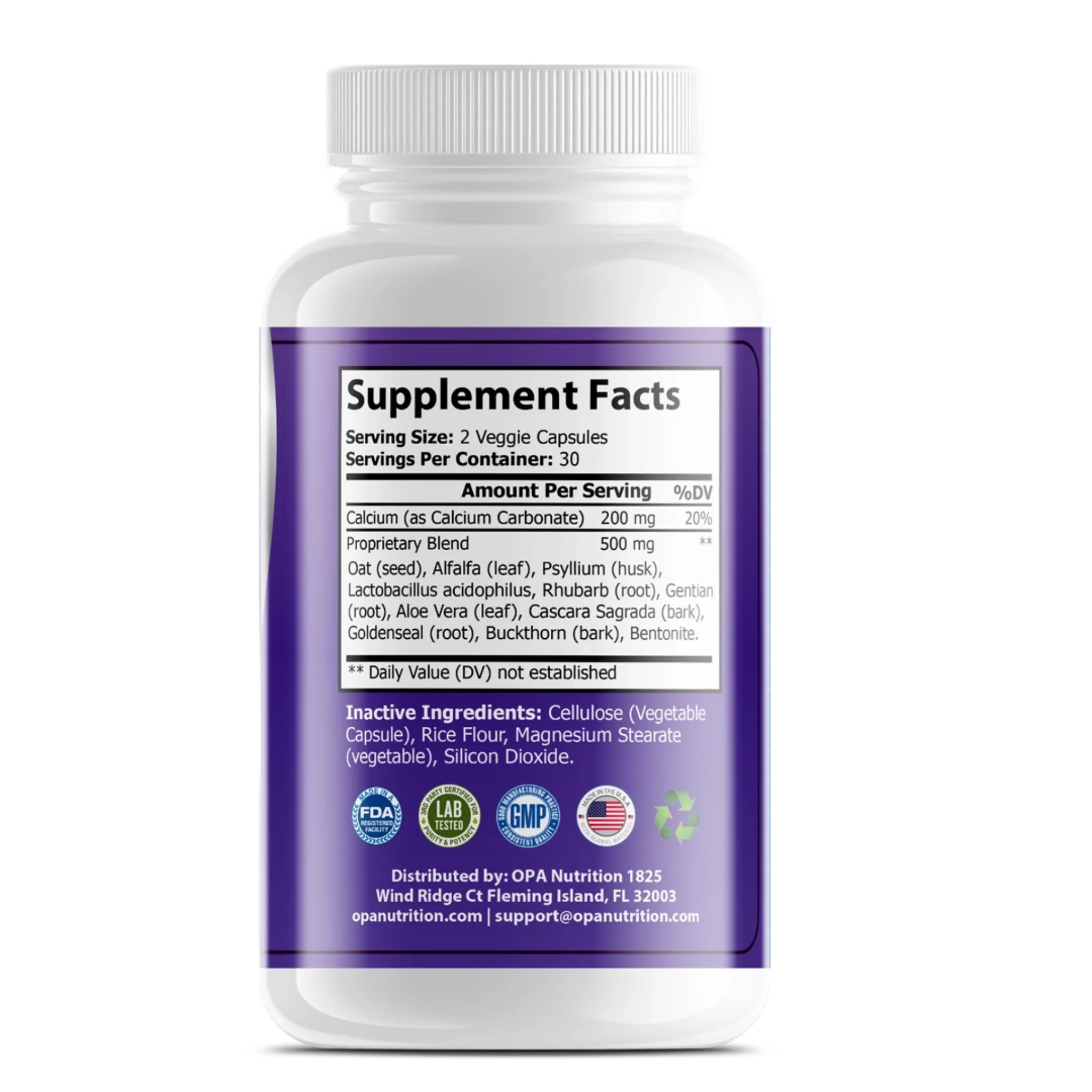 Supplement Facts label on OPA Nutrition Colon Sweep showing calcium and cleansing blend ingredients