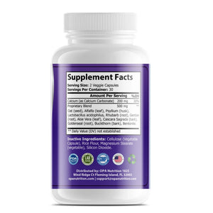 Supplement Facts label on OPA Nutrition Colon Sweep showing calcium and cleansing blend ingredients