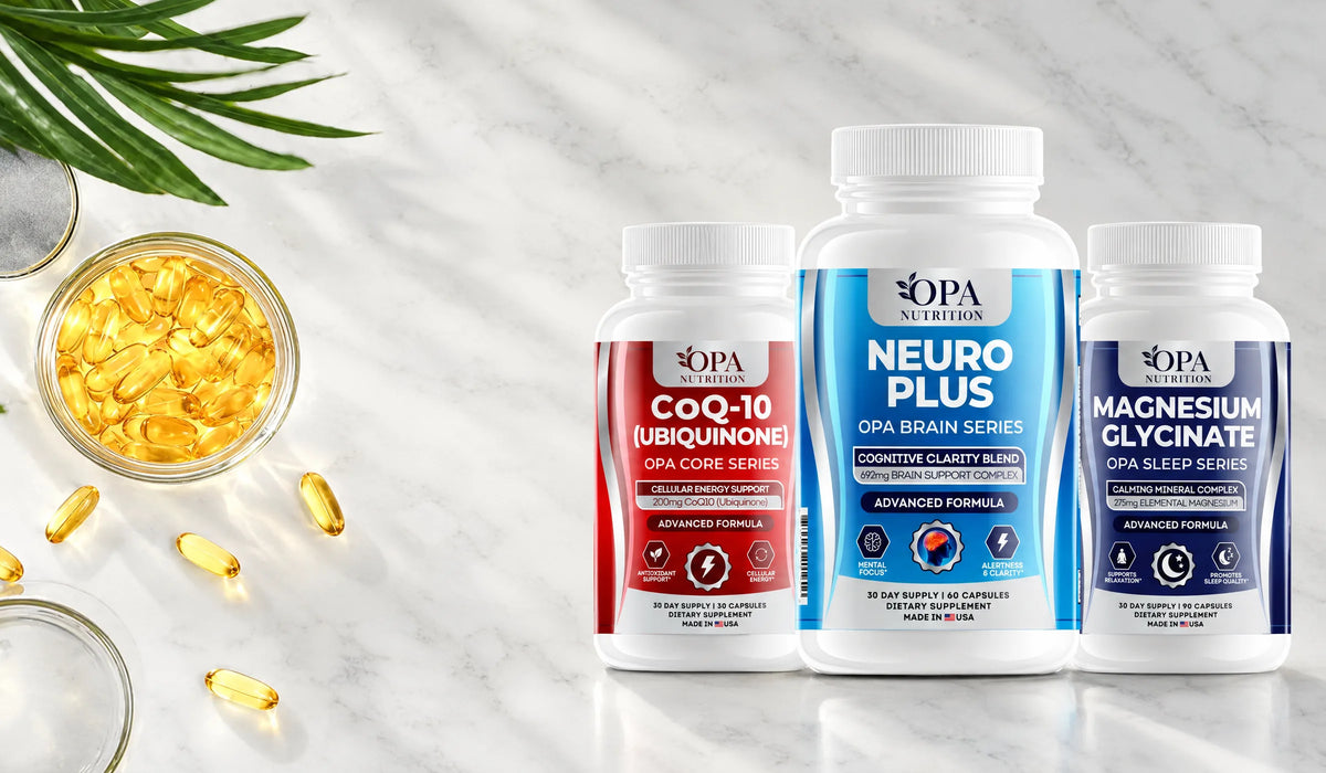 OPA Nutrition CoQ-10 Ubiquinone 200 mg, Neuro Plus and Magnesium Glycinate supplement bottles on a marble counter with fish oil softgels