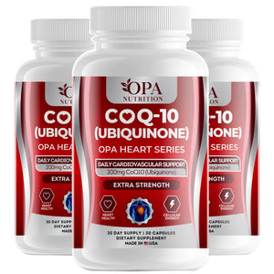 Three-pack of OPA Nutrition CoQ-10 Ubiquinone Heart Series supplement bottles for cardiovascular support and cellular energy