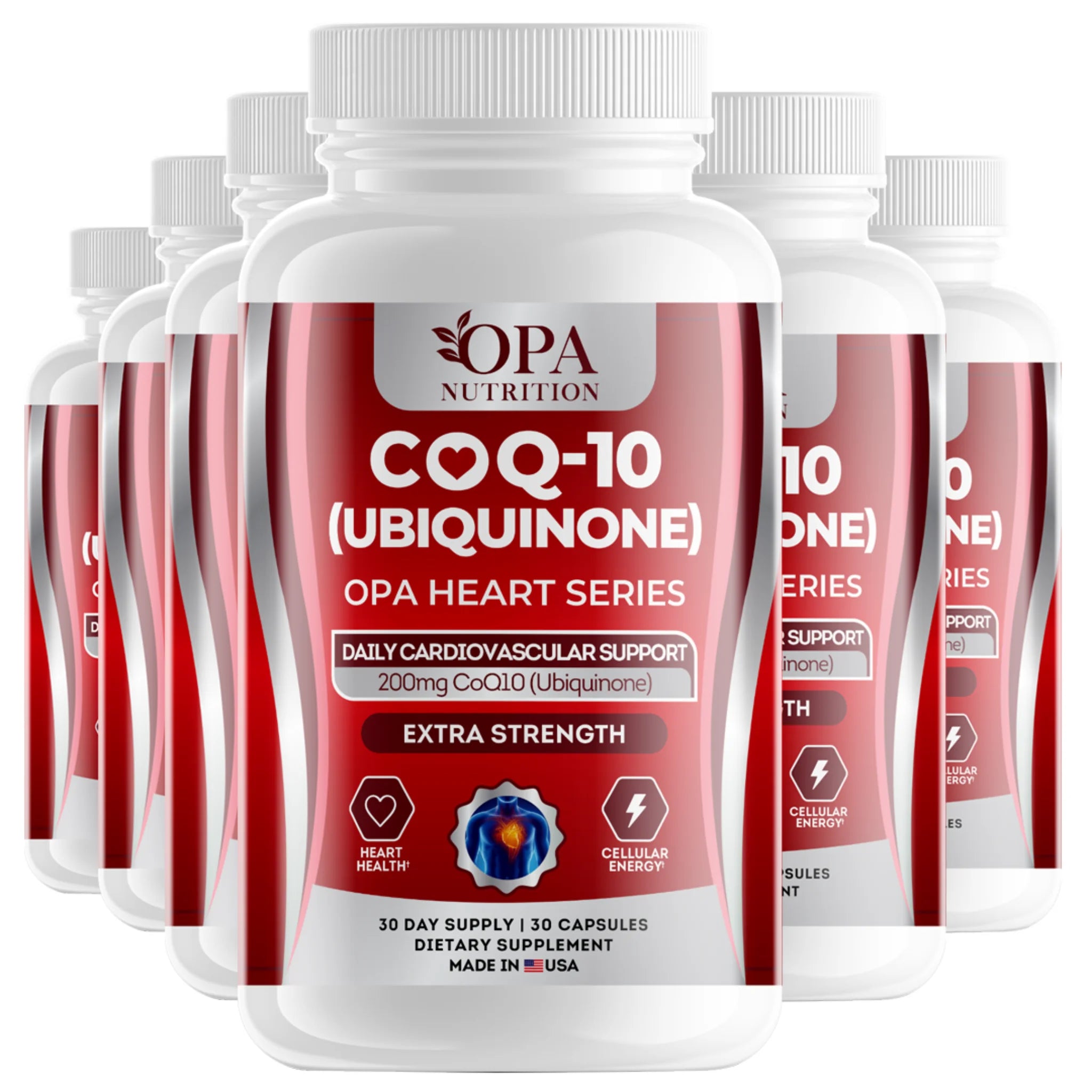 Six-pack of OPA Nutrition CoQ-10 Ubiquinone Heart Series supplement bottles for cardiovascular support and cellular energy