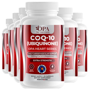 Six-pack of OPA Nutrition CoQ-10 Ubiquinone Heart Series supplement bottles for cardiovascular support and cellular energy